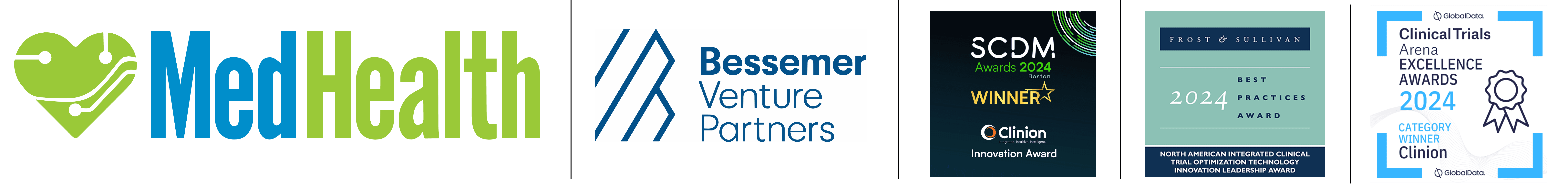 Clinion footer showcasing global recognitions including SCDM Innovation Award, ACDM Award, Frost & Sullivan, Clinical Trials Arena, MedHealth, and Bessemer Venture Partners