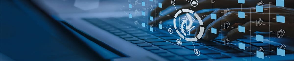 Electronic Data Capture system concept with digital forms and clinical trial data icons on a laptop.