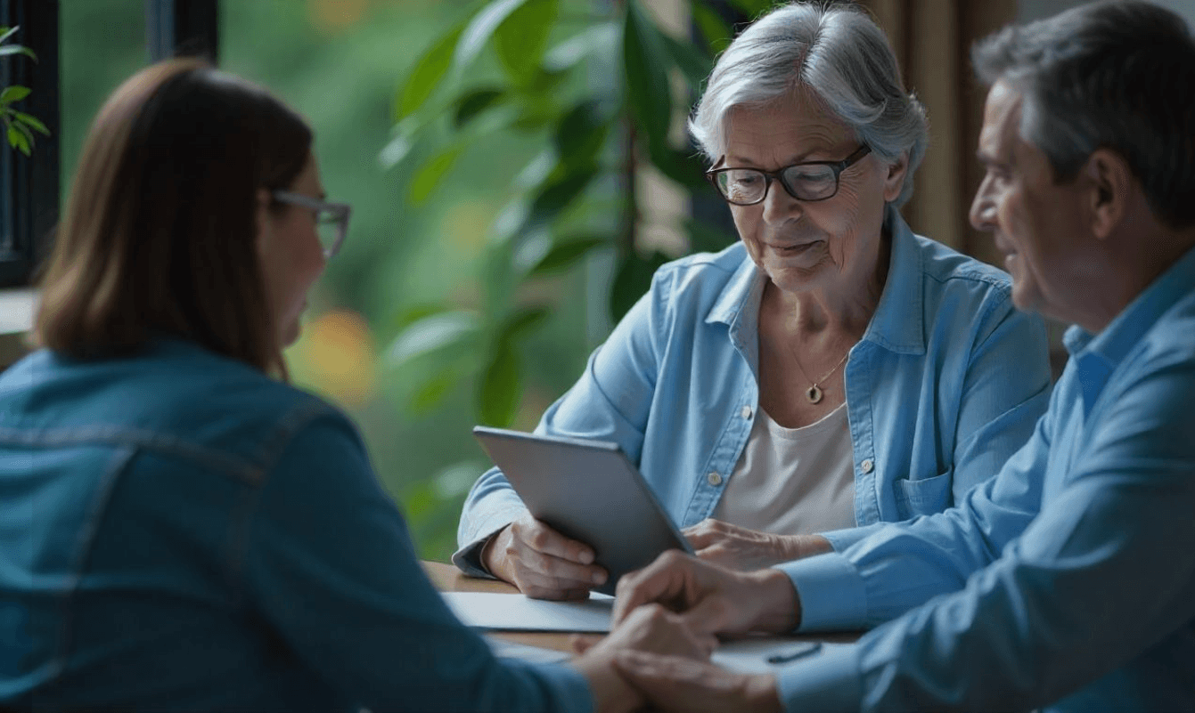 Older adult using a tablet to complete an electronic patient reported outcome - ePRO entry during a clinical trial consultation