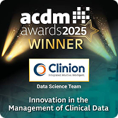 Clinion ACDM Awards 2025 Winner badge for excellence in clinical data management and innovation
