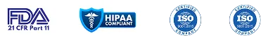 Clinion global compliance badges including FDA 21 CFR Part 11, HIPAA, ISO, ICH, GDPR, and EU compliance