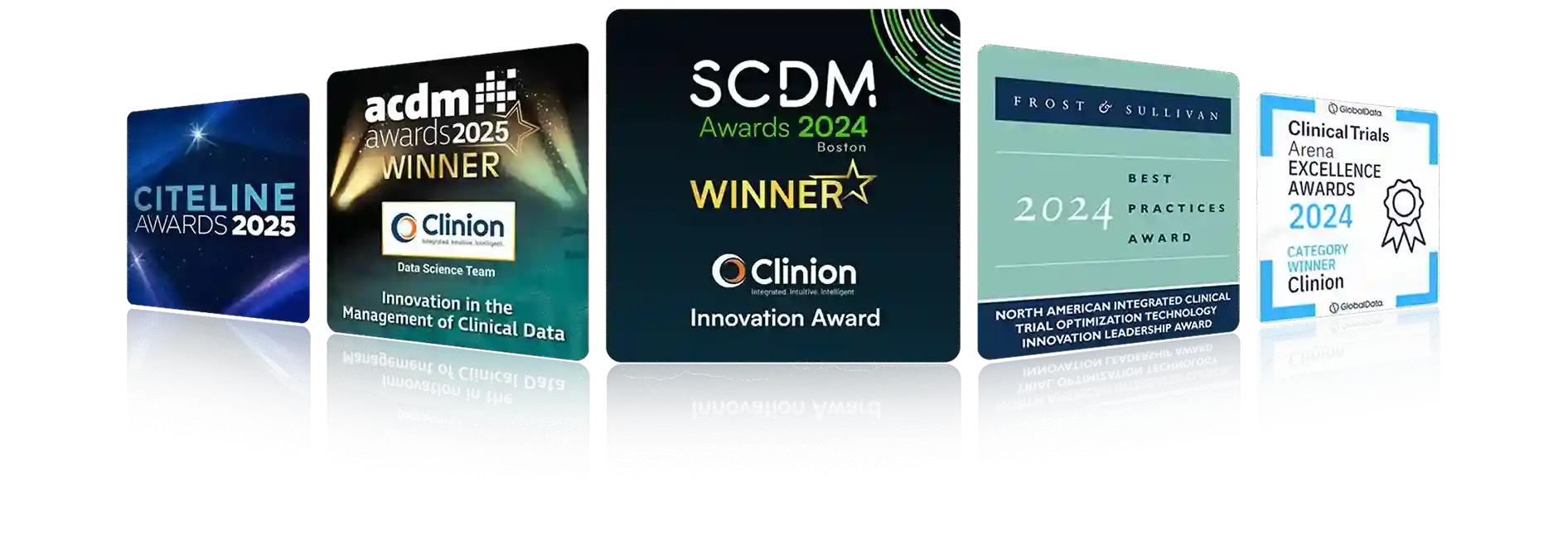 Clinion recognized with multiple prestigious industry awards, including the SCDM Innovation Award 2024, ACDM Innovation in the Management of Clinical Data Award 2025, Frost & Sullivan Best Practices Award 2024, Clinical Trial Arena Excellence Award 2024, and Citeline Award 2025 for excellence and innovation in clinical data management and eClinical technology.