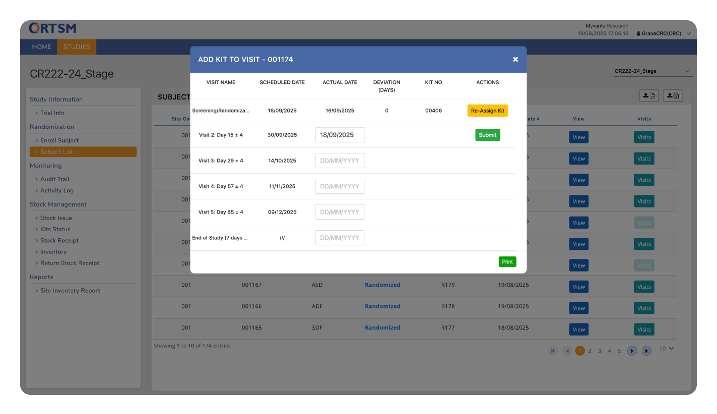 Clinion RTSM dashboard showing a Subject Visit screen with a pop-up to add a kit