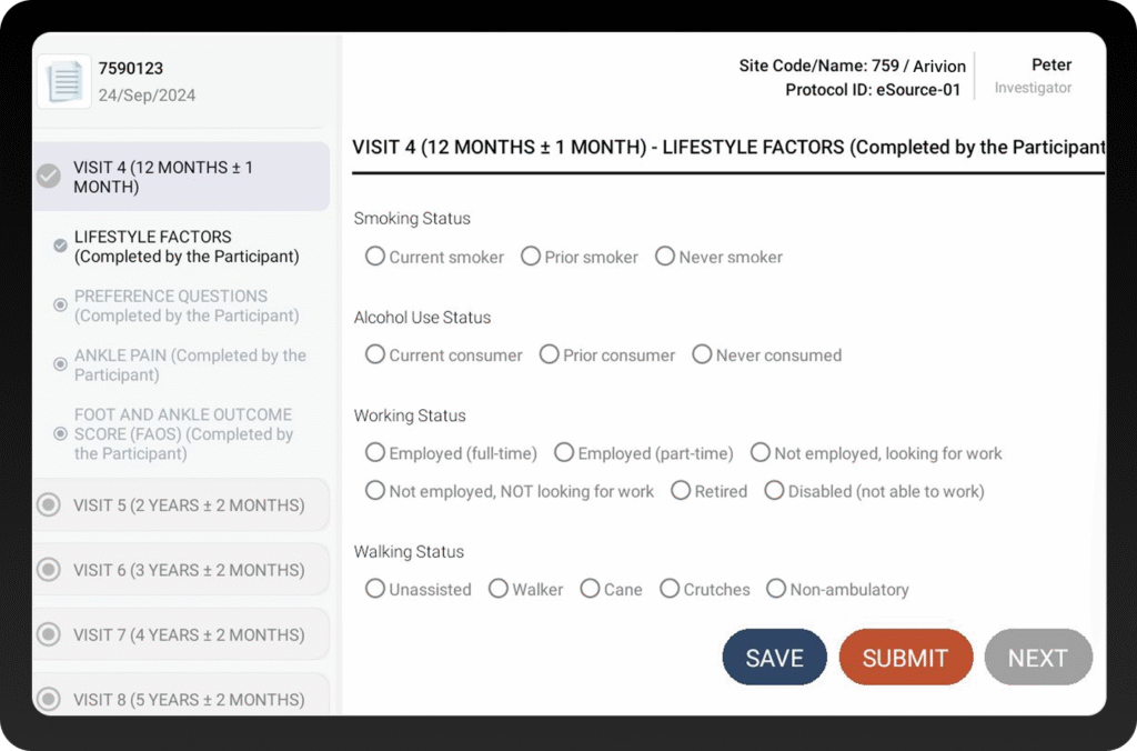 Clinion eSource software interface on a tablet, showing a LIFESTYLE FACTORS
