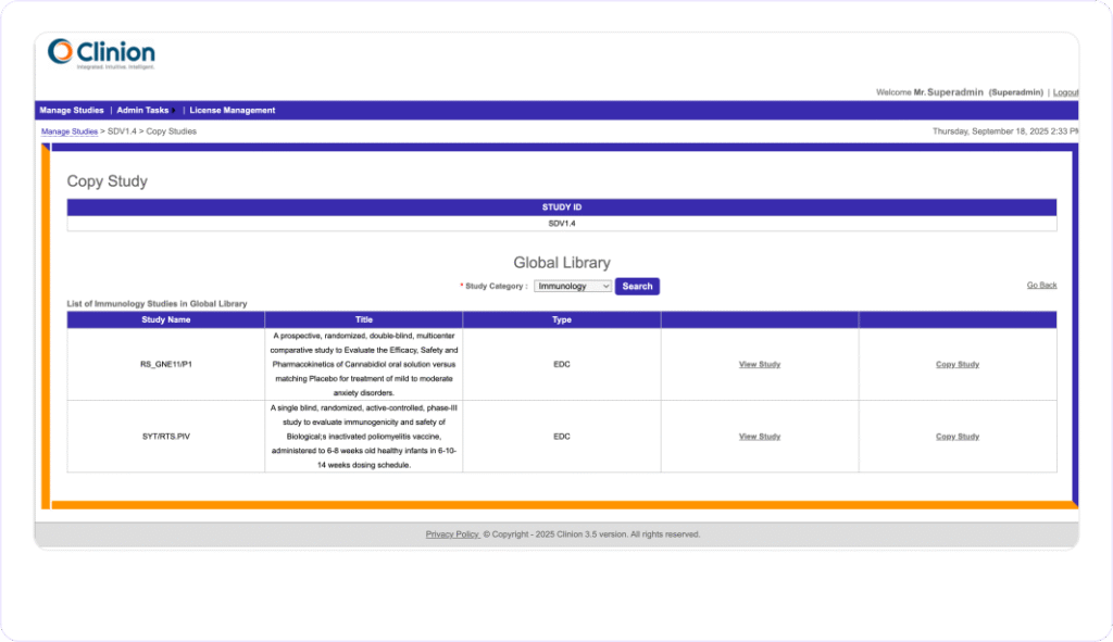 Clinion EDC software Global Library interface.