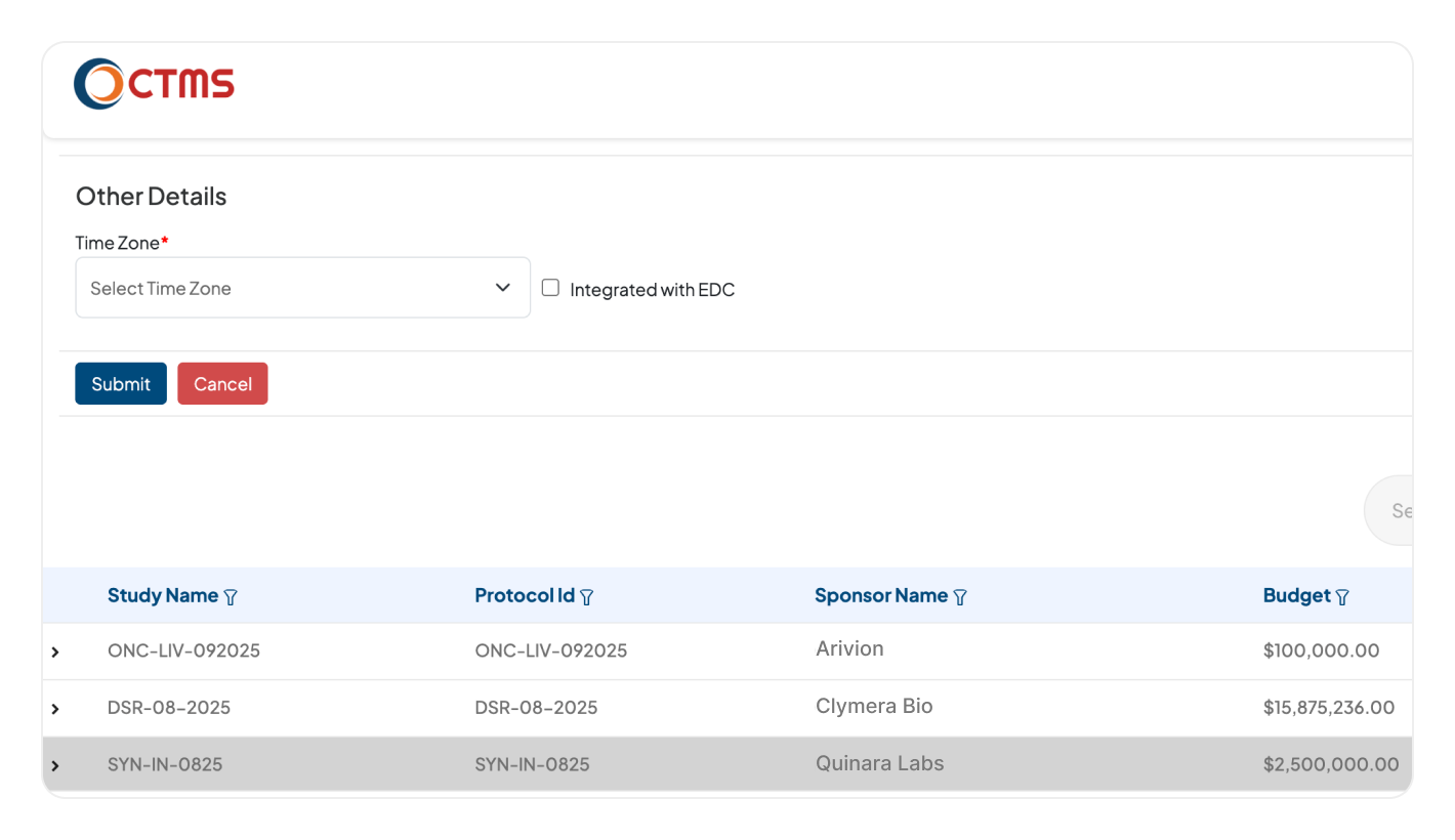 Clinion CTMS Integration screen, showing a list of studies.