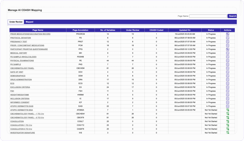 Clinion electronic data capture - AI CDASH Mapping interface, showing a list of study pages.