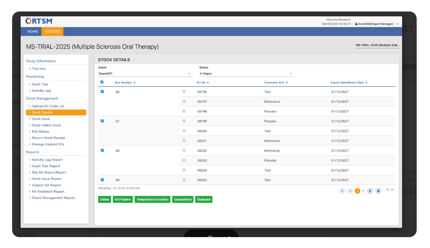 Clinion RTSM dashboard showing a STOCK ISSUE on the screen