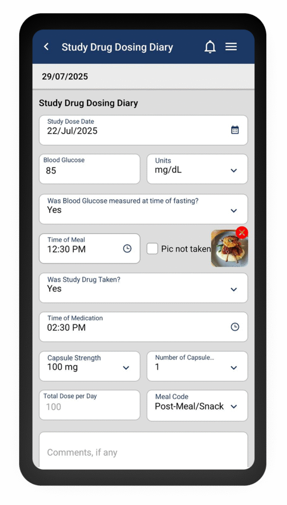 Clinion ePRO app screen on a mobile phone, showing a Study Drug Dosing Diary form.
