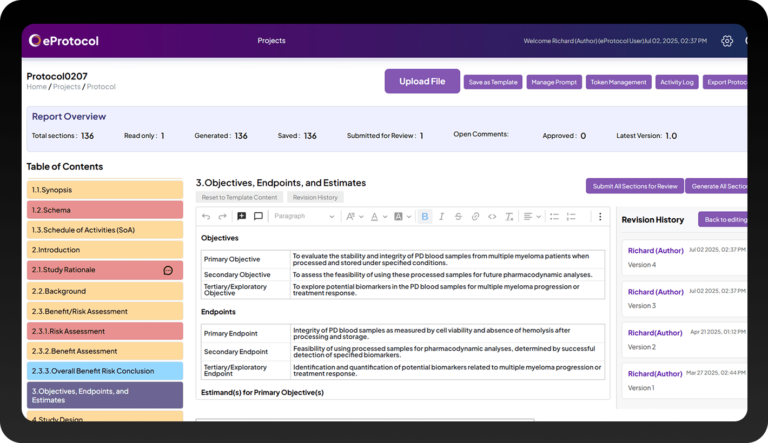 Clinion eProtocol software interface showing automated clinical trial protocol creation with structured templates, AI-assisted editing, and real-time revision tracking.
