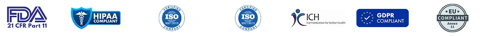 Clinion global compliance badges including FDA 21 CFR Part 11, HIPAA, ISO, ICH, GDPR, and EU compliance