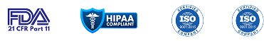 Clinion global compliance badges including FDA 21 CFR Part 11, HIPAA, ISO, ICH, GDPR, and EU compliance