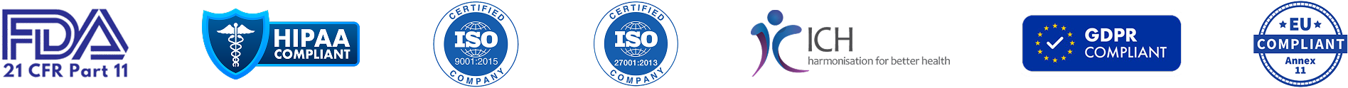Clinion regulatory compliance badges including FDA 21 CFR Part 11, HIPAA, ISO 9001, ISO 27001, GDPR, ICH, and EU Annex 11