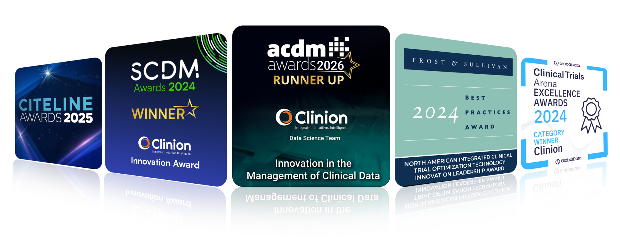 Clinion homepage hero image showing industry awards from Citeline, SCDM, ACDM, Frost & Sullivan, and Clinical Trials Arena for eClinical platform innovation and clinical data management.