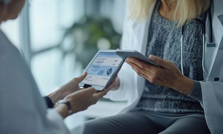 Doctor and participant using a tablet for electronic outcome assessment and patient-reported data collection in a clinical trial.