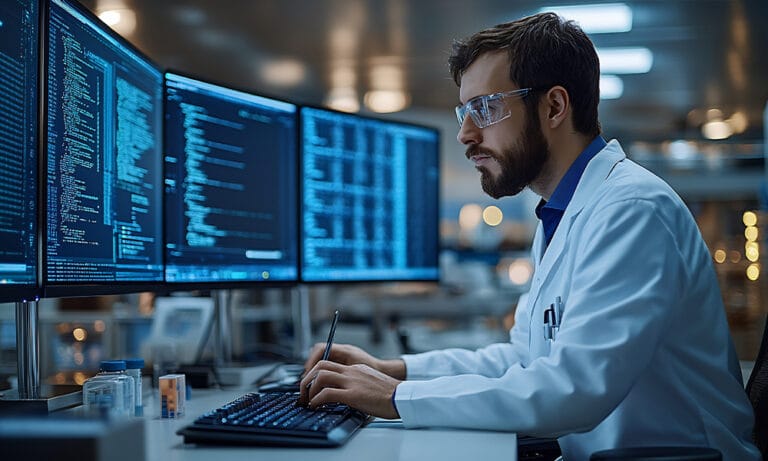 Clinical researcher reviewing medical coding data and AI-supported clinical trial workflows on multiple computer screens.